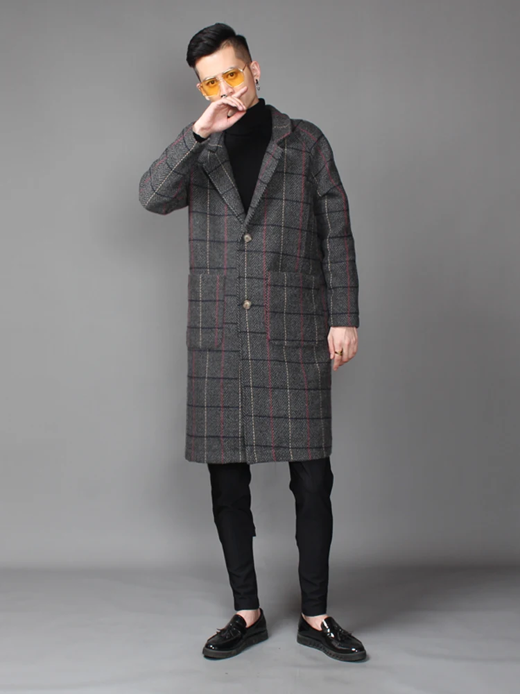 New Men's clothing Fashion restore ancient ways lattice trench overcoat Middle length over- winter woolen outerwear coat | Мужская