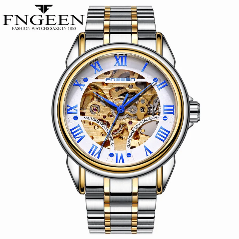 Steel Two-tone Blue Золотые часы для мужчин, Лидирующий бренд, высокое качество, водонепроницаемые стальные механические наручные часы, Tourbillon, скелет, Hodinky, мужские часы, Saat - Цвет: Steel Two-tone Blue