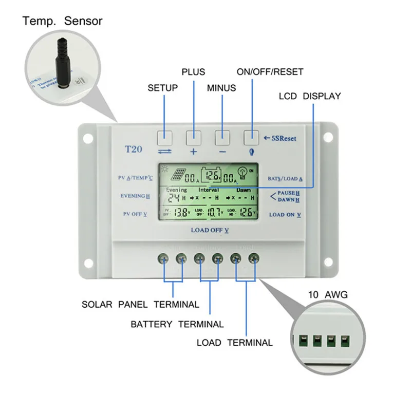 T20-12V24V20A solar street light controller temperature compensation Adjustable double time control PWM power | Обустройство дома