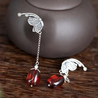 s925 sterling silver retro female personality natural blood amber temperament national wind ear free shipping