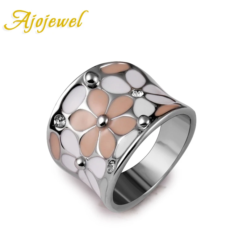 

Ajojewel #7-9 Sweet Style Big Wide Ring Women Enamel Flower Rings Band With CZ Pink Jewelry