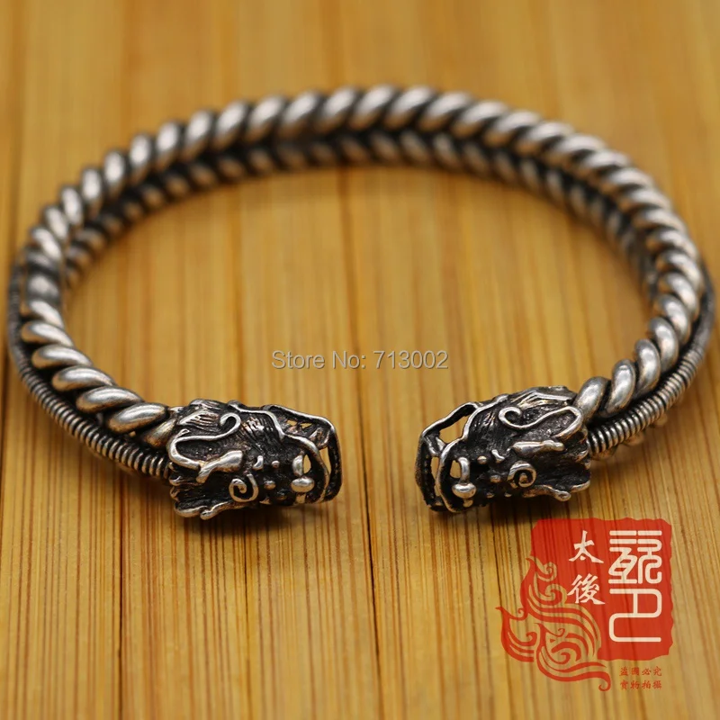 Винтажный тибетский серебряный браслет с двумя головами дракона Hmong tribe|bangle