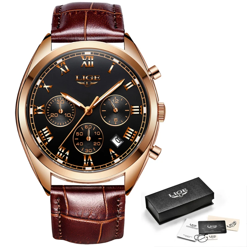 IGE Chronograph Function Mens Watches Genuine Leather Luxury Brand Military Sport Quartz Watch Waterproof Wristwatches Clock | Наручные