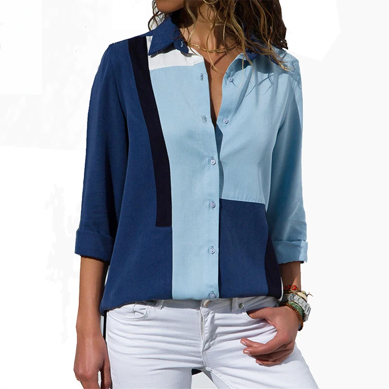 

Spring Shirt Women Long Sleeve Button Spliced Shirts Patchwork Striped Color Block Turn Down Collar Lady Blouse
