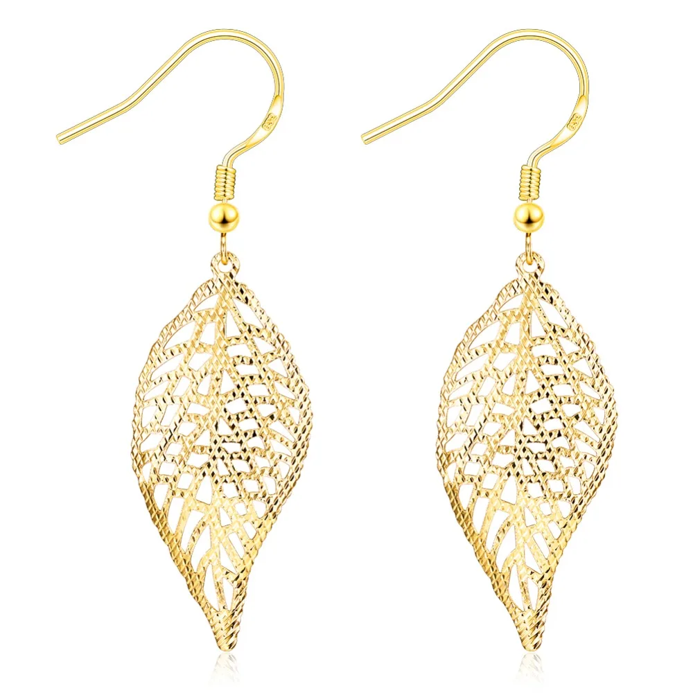 

openwork Leaf Shaped Earrings Yellow Gold Filled Womens Dangle Earrings Gift