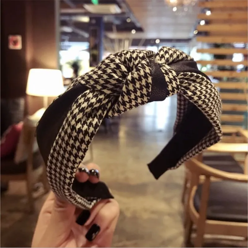 Middle grid Fashion boutique hair accessories women's retro houndstooth imitation leather PU stitching middle knotted bow hairband headband - Цвет: Middle grid