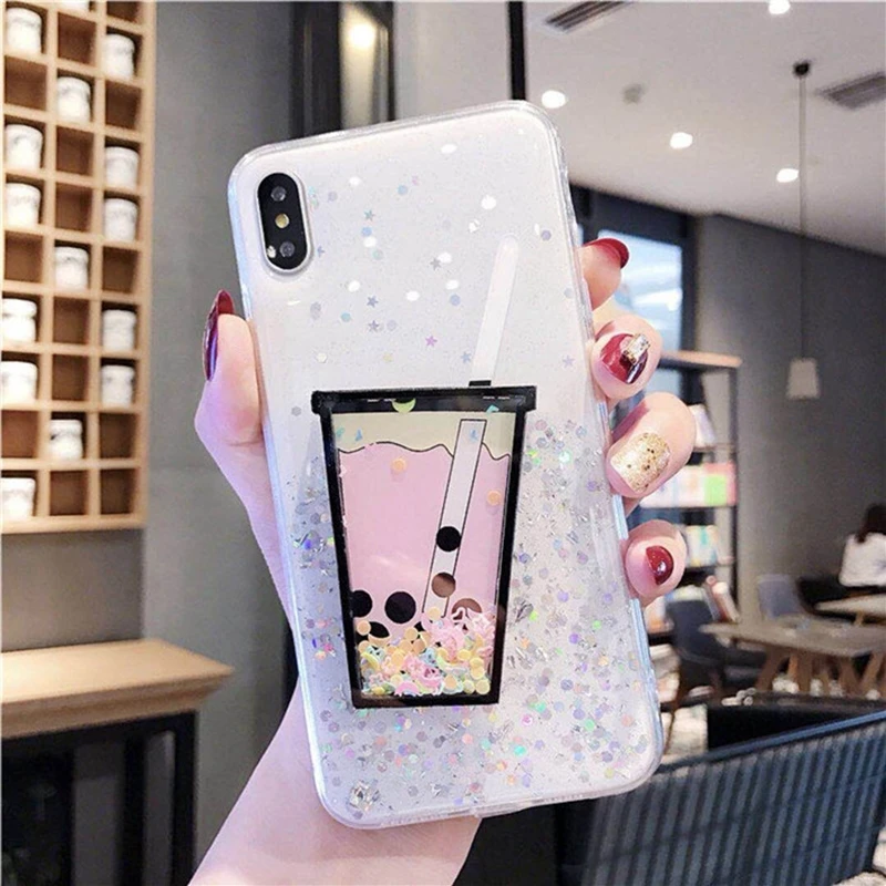 Модный прозрачный цветной блестящий чехол для телефона iPhone X XR XS Max 3D молочный чай