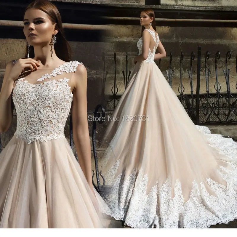 

Gelinlik New Arrival 2020 Wedding Dress Scoop Neck Cap Sleeve A-Line Chapel Train Appliques Tulle Wedding Gowns Vestido de noiva