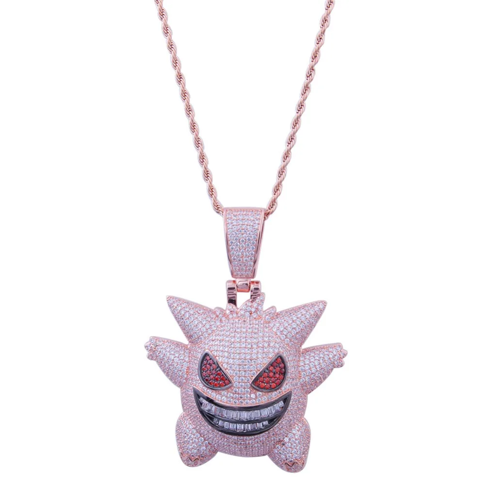 Новое поступление розовая большая маска покемона Gengar кулон ожерелье для мужчин хип хоп AAA CZ Циркон Bling Ice Out Rapper ювелирные изделия 2" кубинская цепь