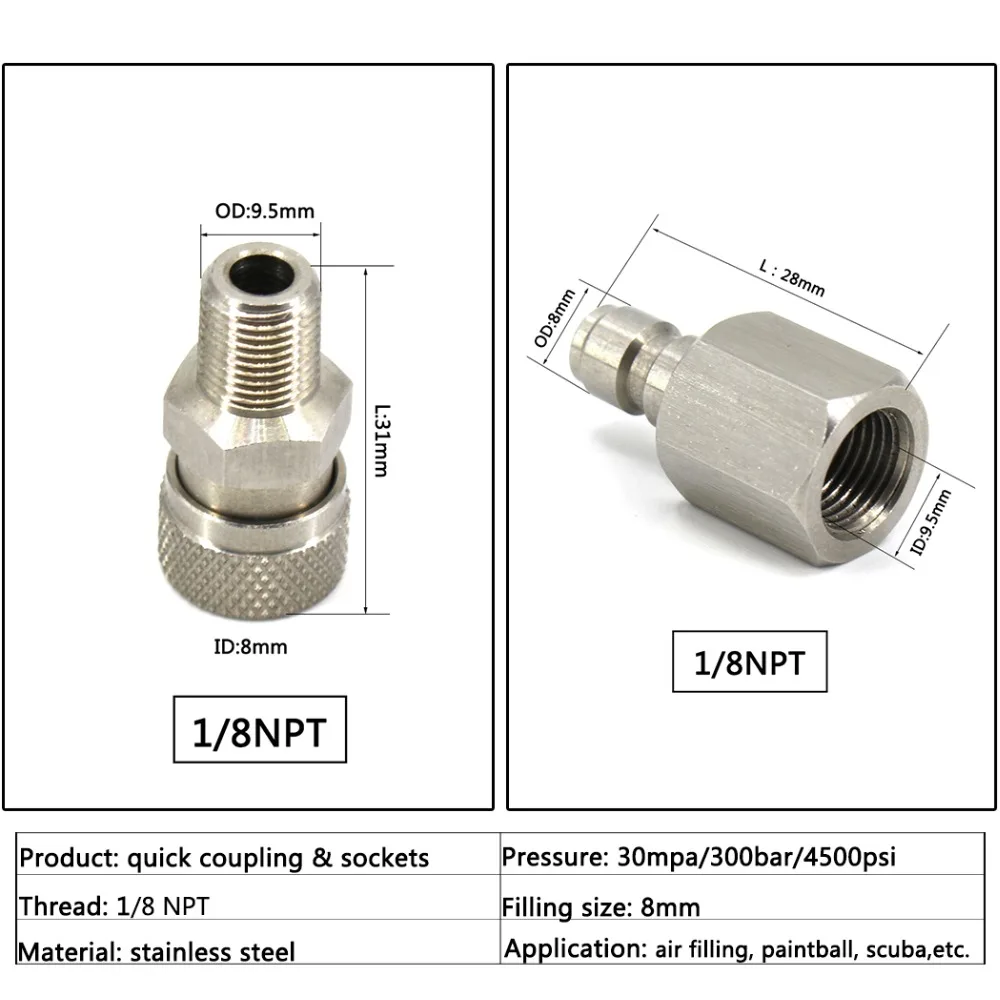 PCP Airforce Paintball 1/8NPT Male Quick Disconnect Stainless Steel Female Plug Connector Coupling Air Fitting Sockets 2pcs/set | Спорт и