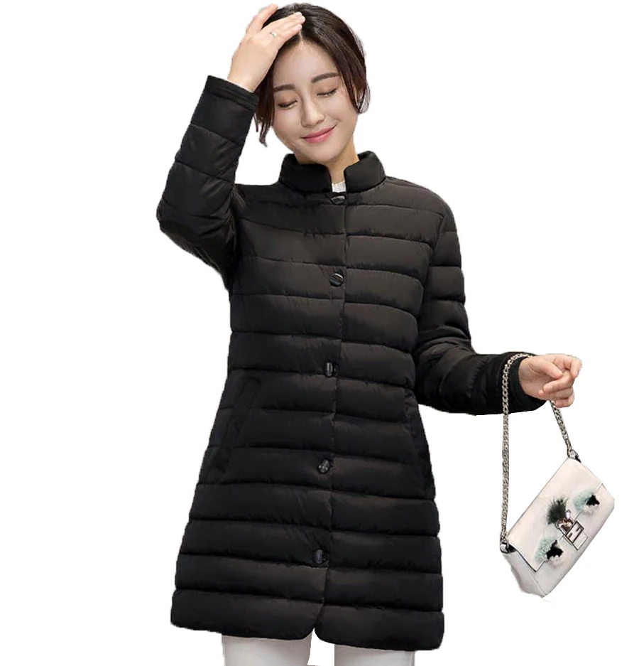 

2017 Autumn Winter new Women Covered Button cotton Light long jacket Ladies Thin Stand Collar fashion coat AE1809