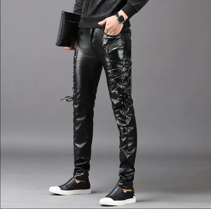 velvet thickening personality fashion motorcycle faux leather pants mens feet pants pu trousers for men pantalon homme
