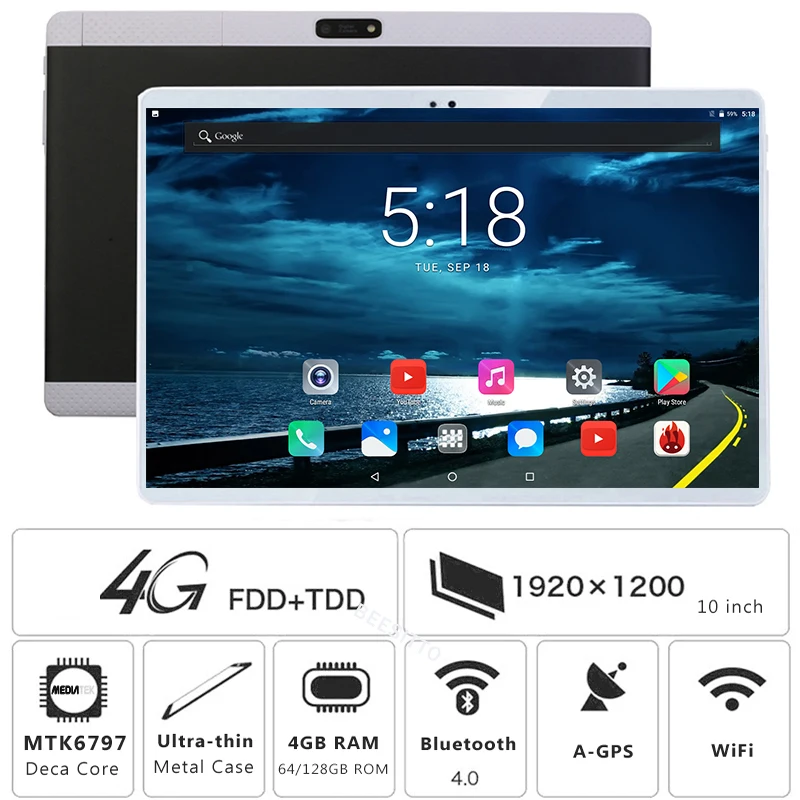 10 дюймов Deca Core 4G FDD LTE планшетный ПК 4 ГБ ОЗУ 128 Гб ПЗУ 8,0 МП gps 1920*1200 Android 7,0 планшет 10,1+ подарки