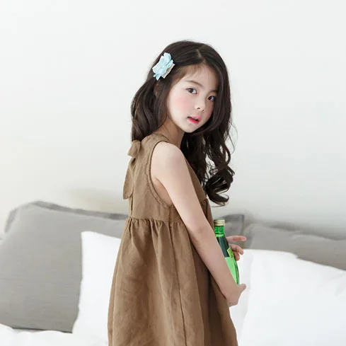 2019 Summer Big Girl Dress Bowknot Linen Sleeveless Teens Dresses Kids Outfits Brown Princess Party Frocks Children Clothing | Детская