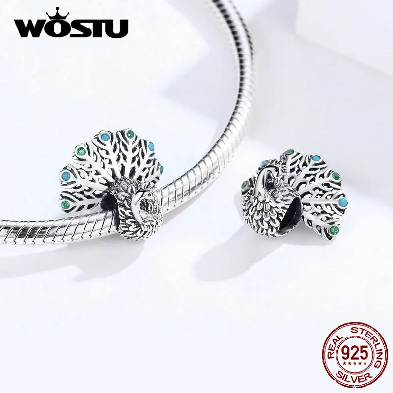 WOSTU, разноцветный павлин, бисер, 925 пробы, серебро, циркон, шарм, подходит для оригинального браслета, кулон, ожерелье, изготовление ювелирных изделий, FIC1260