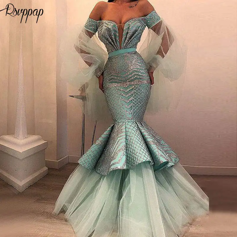 same as pic Длинное блестящее вечернее платье, сексуальное платье русалки с длинным рукавом, дизайн с либаном, Дубай, арабское женское вечернее платье мятно-зеленого цвета - Цвет: same as pic