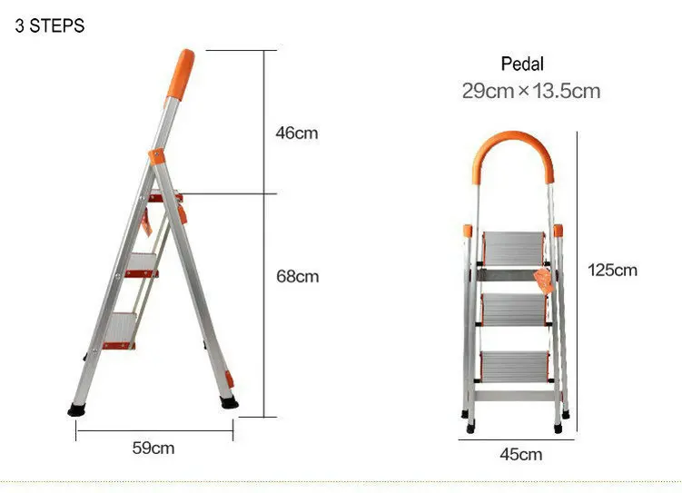 Трехступенчатая складная алюминиевая лестница с длинными поручнями резиновые