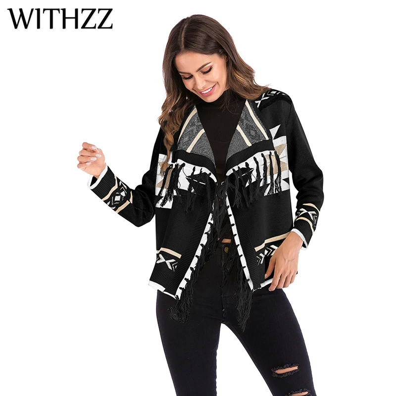 Женский трикотажный кардиган с геометрическим узором и кисточками WITHZZ осенне