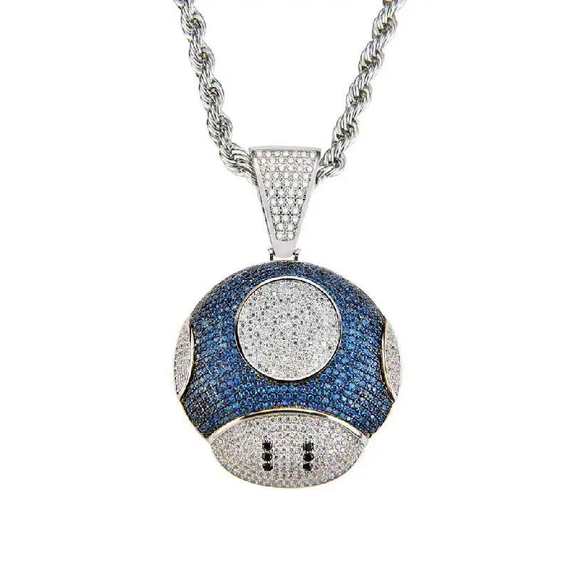 Blue Мультфильм AAA кубического циркония Iced Out кулон в виде гриба ожерелье мужские микро проложили цветной фианит ювелирные изделия Хип-хоп - Окраска металла: Blue