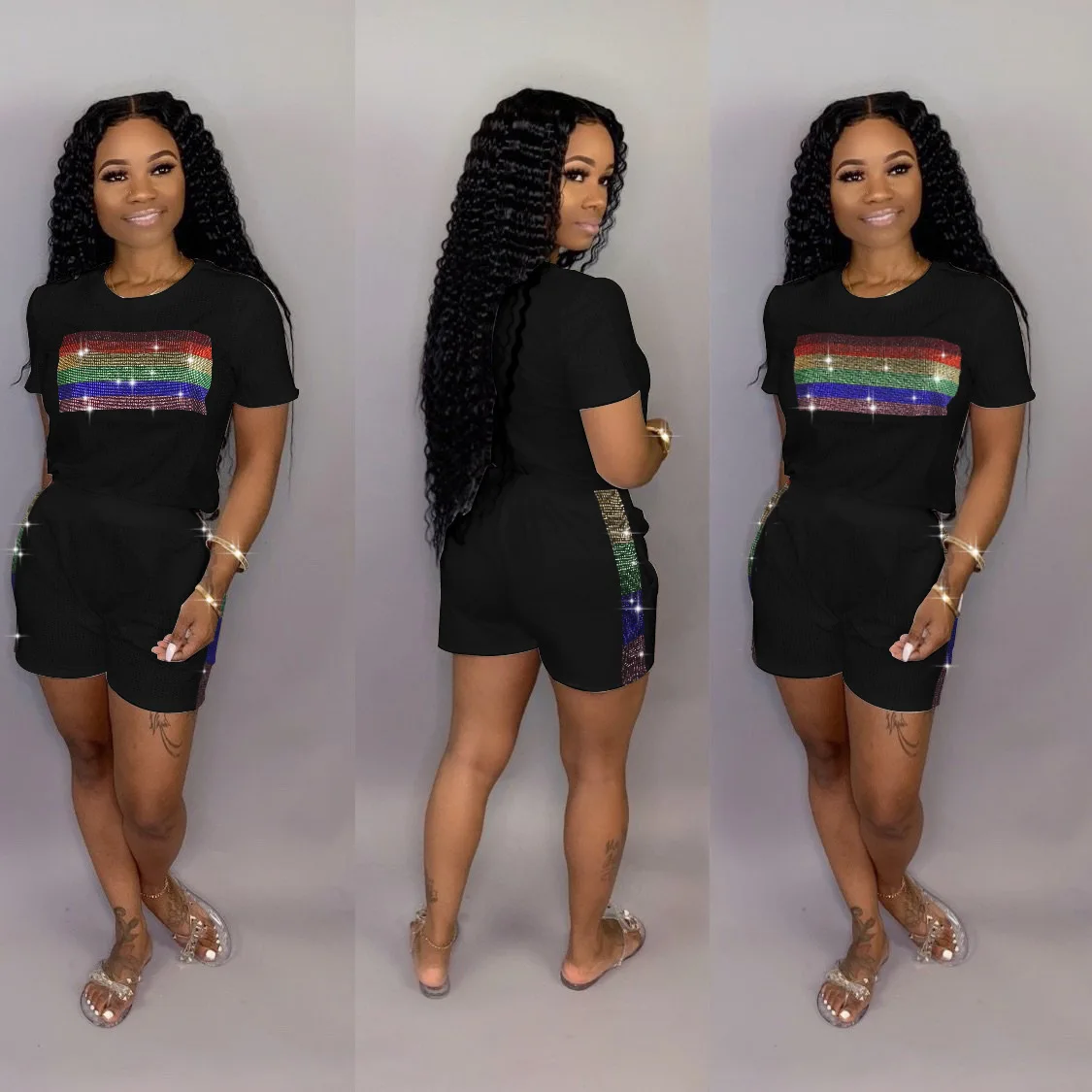 Rainbow Rhinestone Two Piece Summer Clothes for Women Short Sleeve T Shirt+ Bodycon Biker Shorts Plus Size Causal Matching Sets