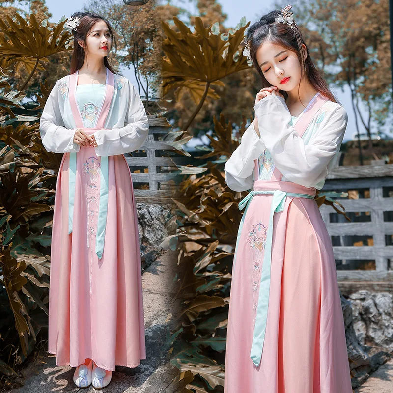 

Женский танцевальный костюм Hanfu розового цвета с вышивкой для выступлений, наряд для китайского фестиваля, сказочное платье, одежда для Вос...