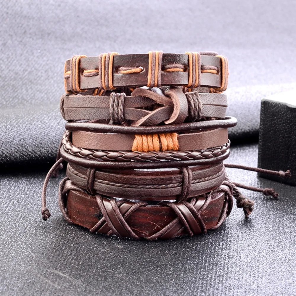 5 шт. винтажная ручка многослойный кожаный браслет мужской модный плетеный
