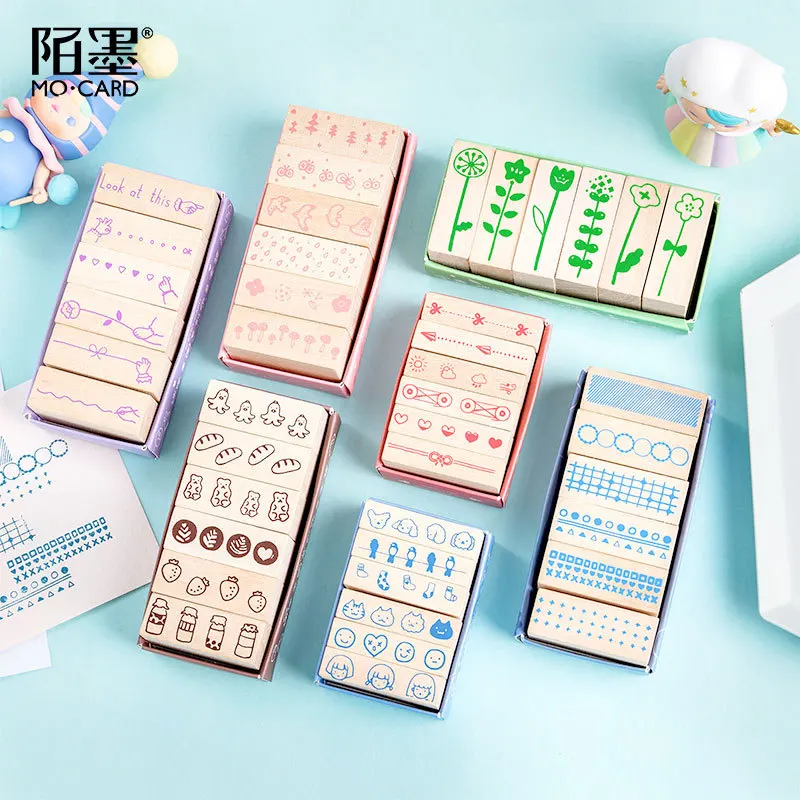 

6 Pcs/set Vintage Forest Geometry Food Stamp DIY Wooden Rubber Stamps for Scrapbooking Stationery Scrapbooking Standard Stamp