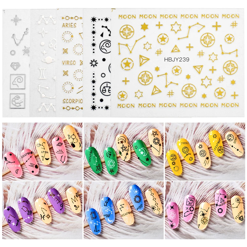 

T-TIAO CLUB 8Pcs/Lot Moon Star Heart Nail Stickers Mixed Constellation Pattern 3D Manicure Sticker DIY Nail Art Decoration