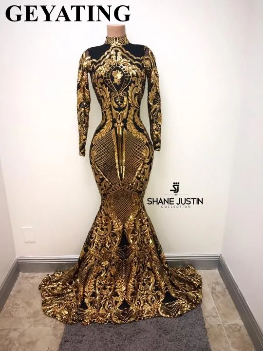Same as picture Золото и черный одежда с длинным рукавом Русалка Черный девичьи платья для выпускного вечера Элегантный Высокий воротник в африканском стиле Вечерние Выпускные платья платье - Цвет: Same as picture