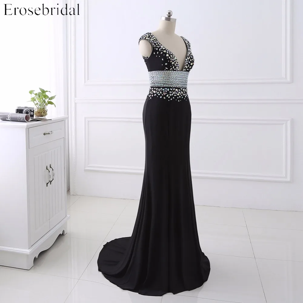 2017 платье с поясом и кристаллами для выпускного вечера длинное черное