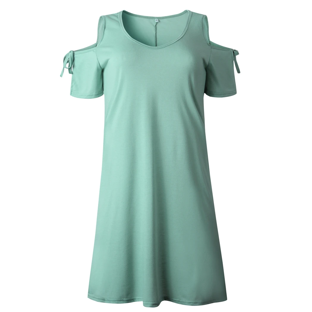 Women Casual V-Neck Hollow Out Sleeve Dress Fashion Solid Loose Dresses Ladies Summer Bow Off shoulder Plus Size Vestidos |