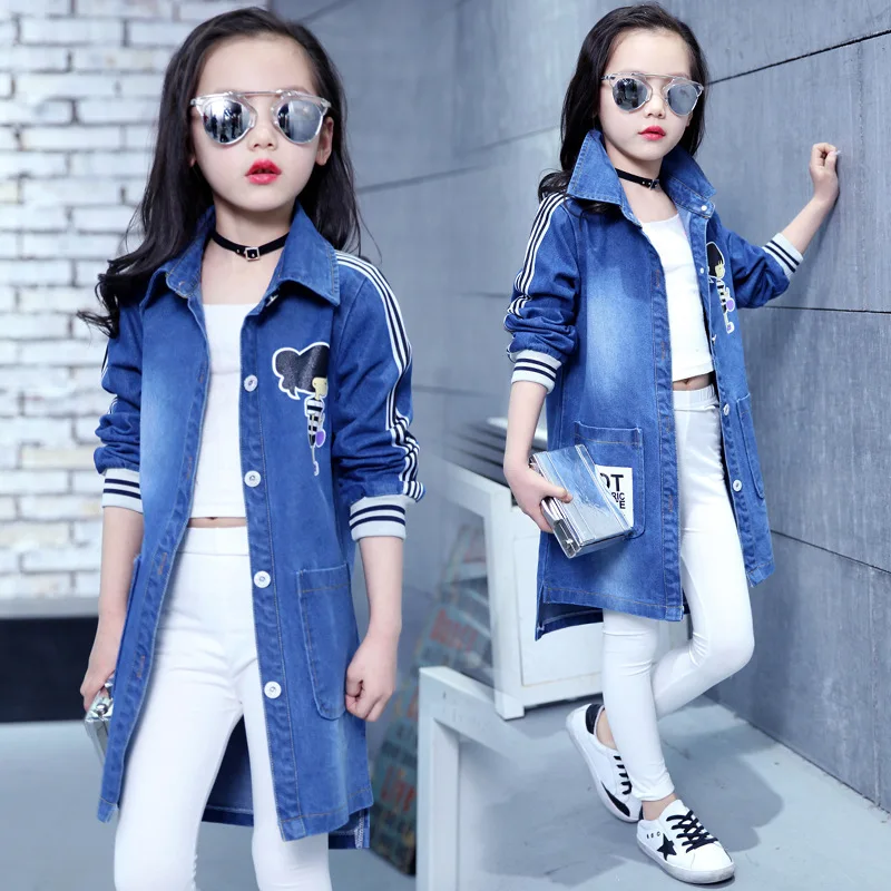 Spring Clothing Jeans Coat for Girls Denim Jackets Cartoon Children Outerwear Kid Active Autumn Clothes Teenager Long Trench Top | Детская