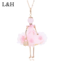 2018 new yellow pink floral party dress necklacespendants rhinestone handmade girl doll long chain necklace for women jewelry