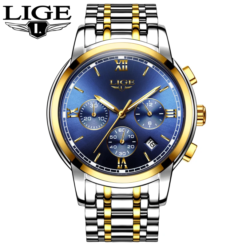 Часы наручные LIGE мужские с хронографом Брендовые спортивные водонепроницаемые