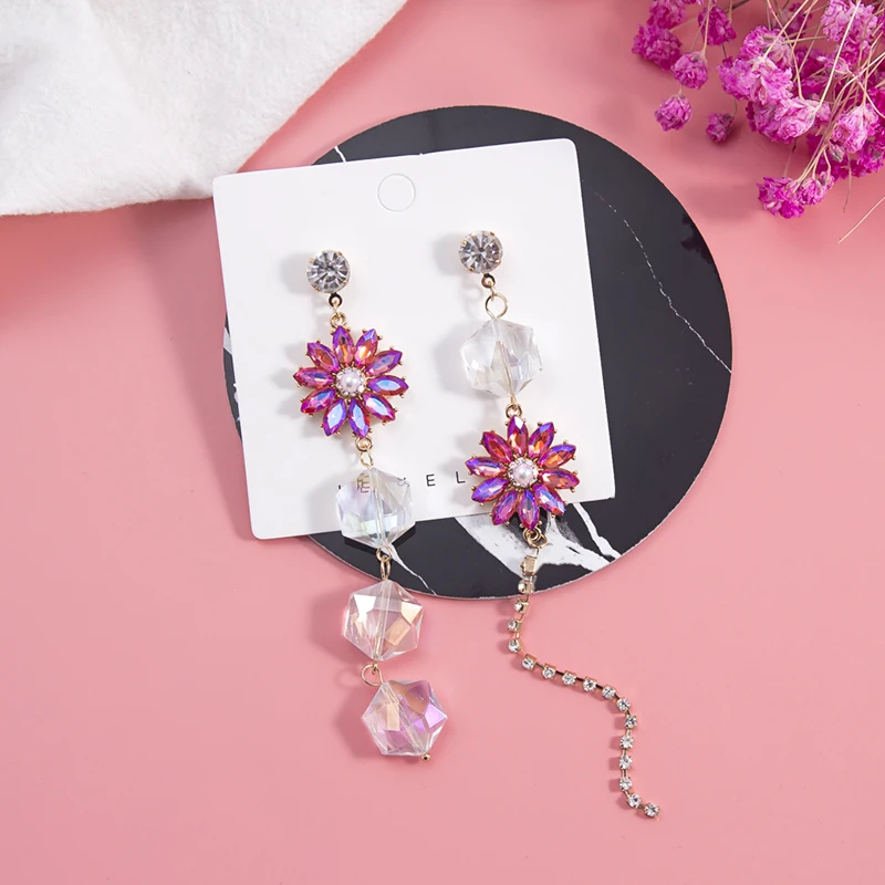 Новые очаровательные длинные блестящие серьги подвески с розовыми кристаллами в