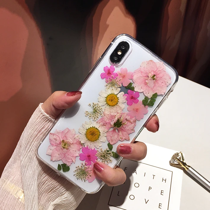 Qianliyao настоящие сухие чехлы для телефонов с изображением цветов для iPhone 7 мягкий чехол для iPhone X XS XR XS Max 6 6s 7 8 plus 11 Pro Max чехол ручной работы