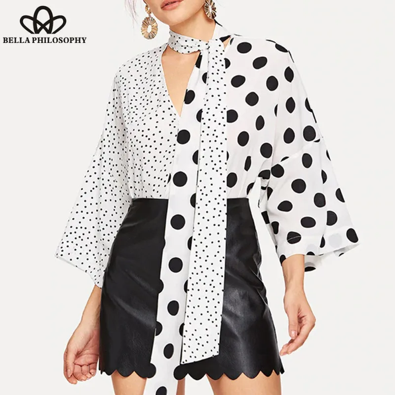 Bella Philosophy Spring Women New V-neck Polka Dot Blouse Casual Asymmetric Splicing Shirts Vintage Patchwork Lady Tops 2019 | Женская