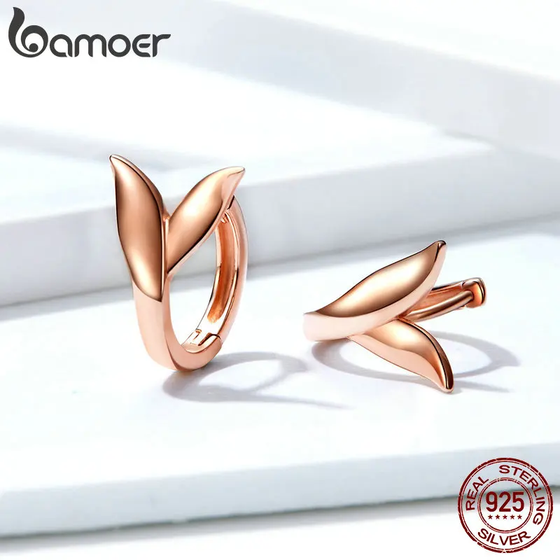 BAMOER Earrings Silver 925 Women Rose Gold Plated Dolphin Tail Small Hoops Earing Sterling Party Jewelry GAE078 | Украшения и