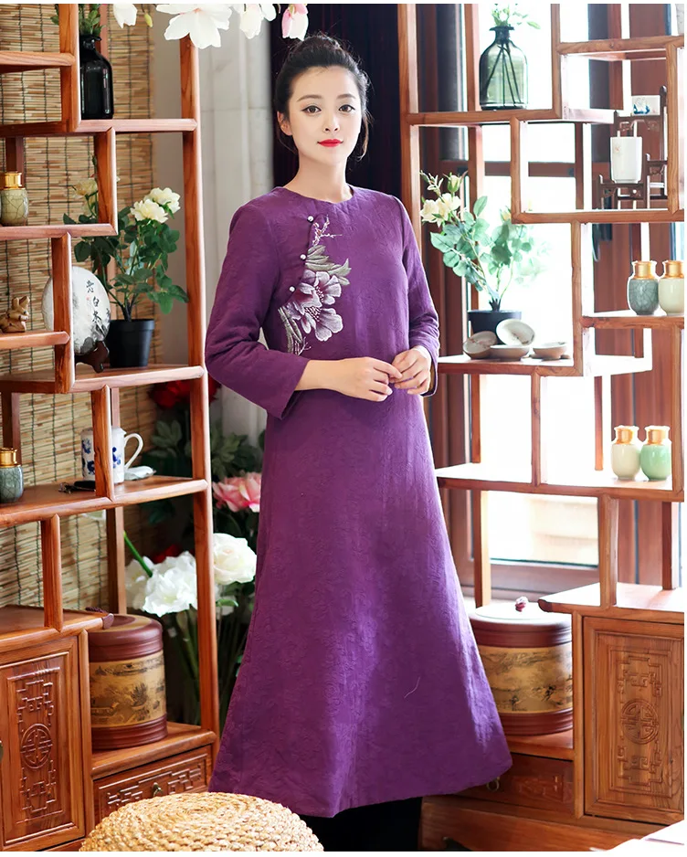 Tradition chinese style round collar only purple hand-decorated flowers winter-autumn women dresses tea cotton clothes | Женская одежда