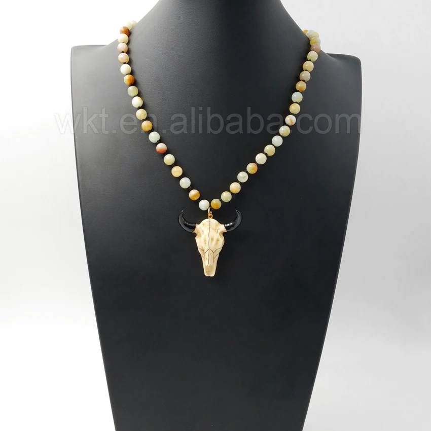 

WT-N844 Wholesale Handmake Knotted beads necklace, Round 8mm Amazonite beads knotted stone necklace with cattle horn pendant