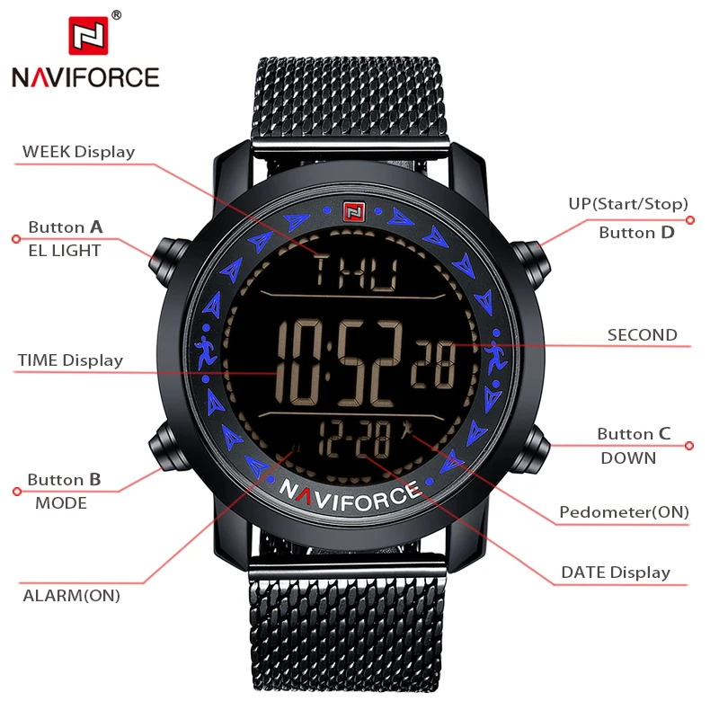 NAVIFORCE новые мужские спортивные часы 3 бар водонепроницаемые цифровые календарь