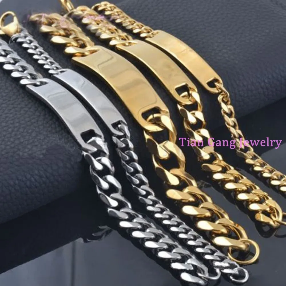 

8/10/15mm 316L Stainless Steel Silver Color/ Gold Color Curb ID Chain Bracelet Fashion Men's Jewelry 8.66"