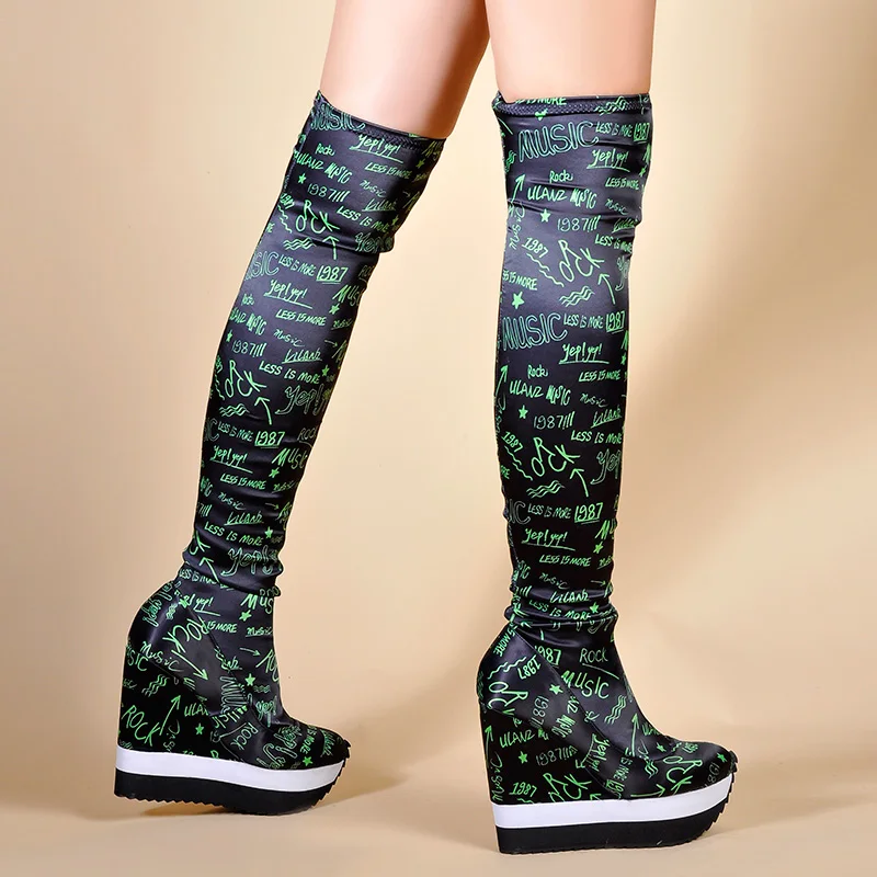 Весенне-Осенняя обувь женские сапоги выше колена пикантные сапоги на танкетке на высоком каблуке стелька из эластичной ткани сапоги для девушек и женщин в студенческом стиле