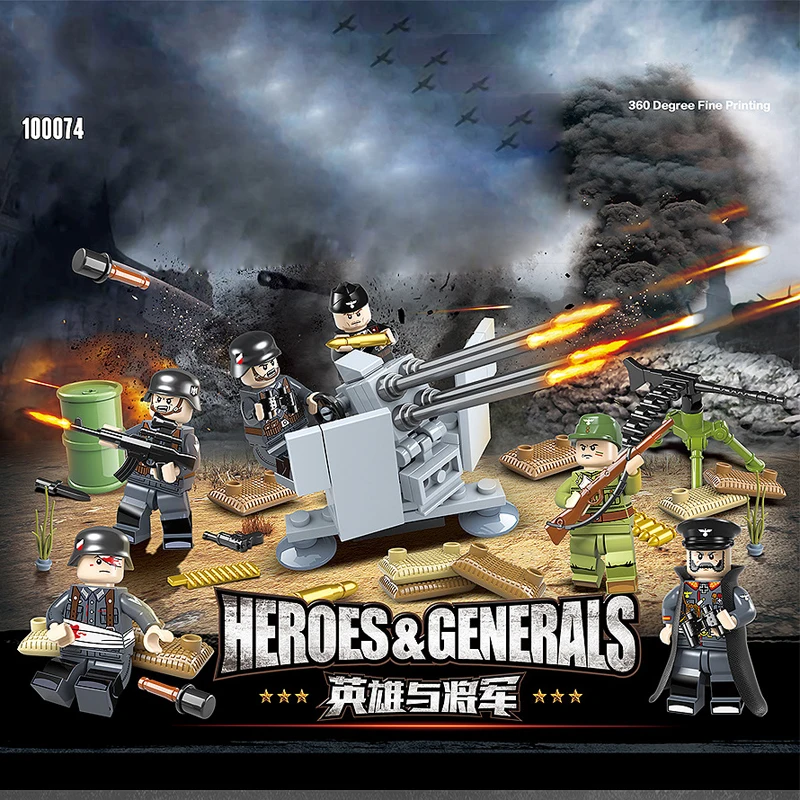 Military ww2 Germany army figures 6in1 FLAK38*20mm building block world war Wounded soldier bricks weapon gun batisbricks toys