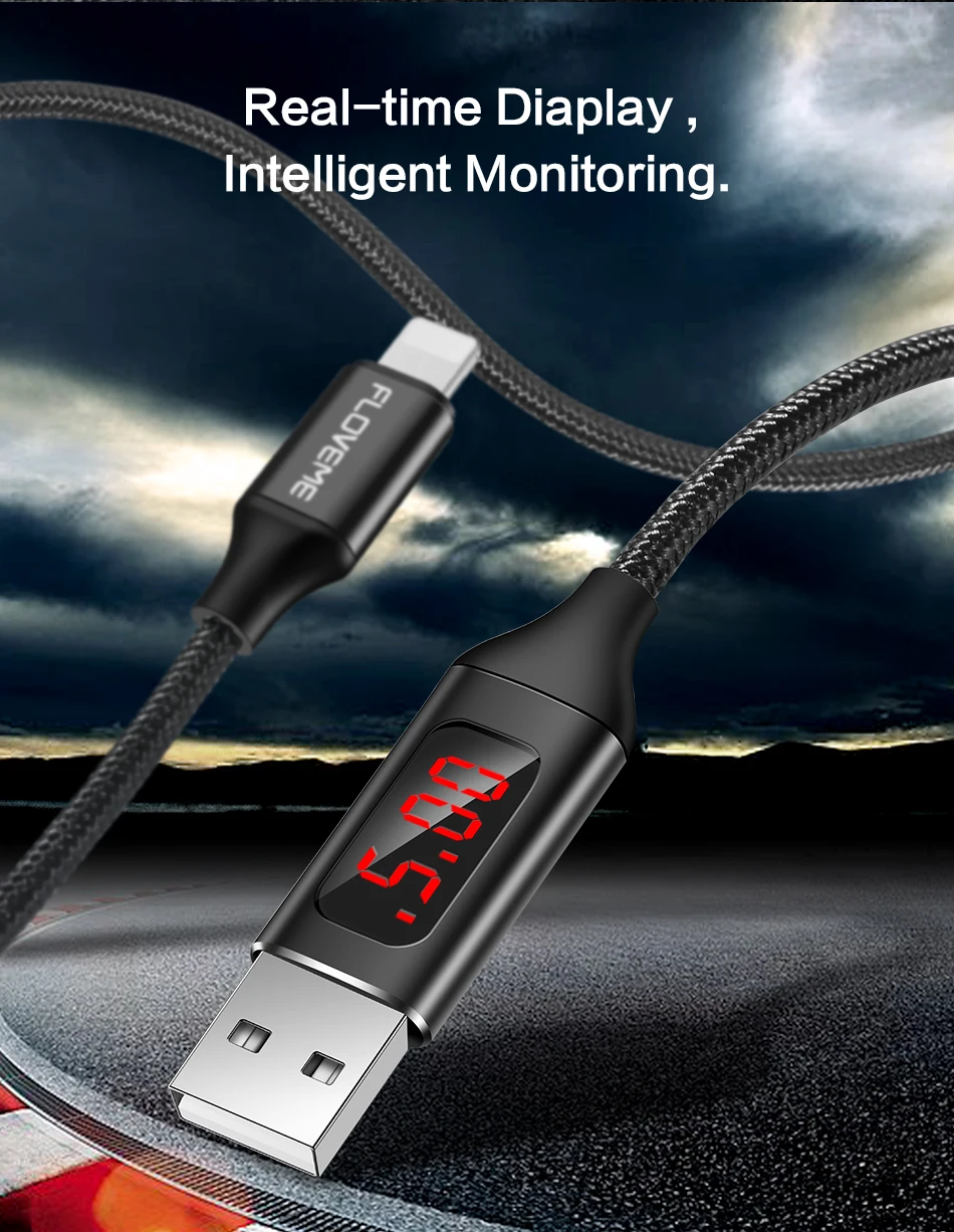 FLOVEME светодиодный цифровой USB кабель для iPhone X 7 8 плюс 6 Зарядное устройство 2.1A(макс.) напряжение ток Дисплей зарядки данных нейлон плетеный кабель for iphone lighting usb cable кабель