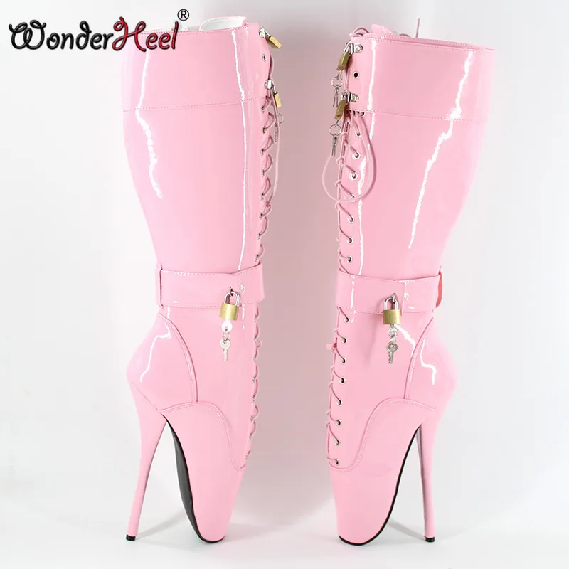 Wonderheel/ультравысокий каблук 18 см, стилеты, черные лакированные женские сапоги до колена, балетные сексуальные фетиш сапоги, модная обувь с замками