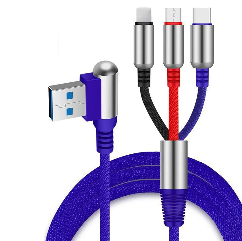 Blue 3 в 1 USB кабель из алюминиевого сплава 90 градусов Micro usb type C кабель для huawei Xiaomi Redmi usb-кабель для Samsung для iPhone XR XS MAX - Цвет: Blue