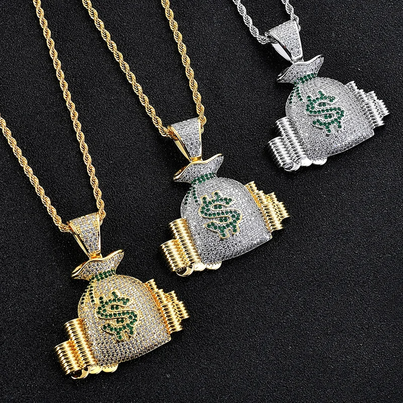 Bling хип-хоп доллар $ символ кошелек кулон Льдом Из кубического циркония ожерелье