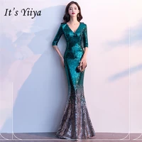 its yiiya sequined prom dress v neck half sleeve long shinny party gowns floor length zipper back mermaid evening dresses c077