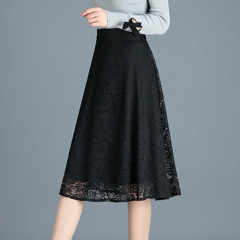 

Vintage Black Lace Midi Skirts Women Summer Fashion Office Lady High Waist Long Skirt Elegant Office Maxi Skirts